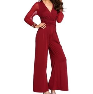 Wine Embellished Cuffs Long Mesh Sleeves Jumpsuit